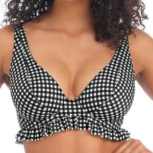 Freya Black/White Gingham Ruffle Bikini Underwire Swim Top 32J NWT